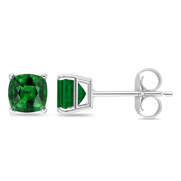 Solitaire Cushion Stud Earrings Simulated Green Emerald CZ 925 Sterling Silver